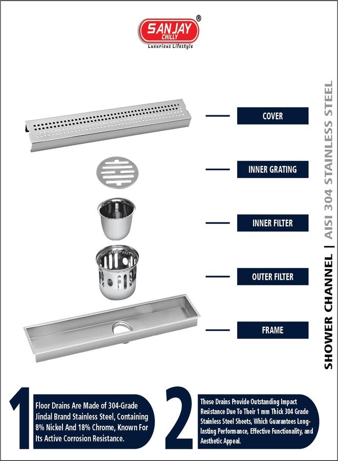Sanjay Chilly Square Shower Channel Drainer Stainless Steel Premium Collection 304 Grade Waste Water Floor Drain Strainer with Collar & Cockroach Trap Bathroom Gratings (Center Hole - 12 x 4 INCH) - Image 4